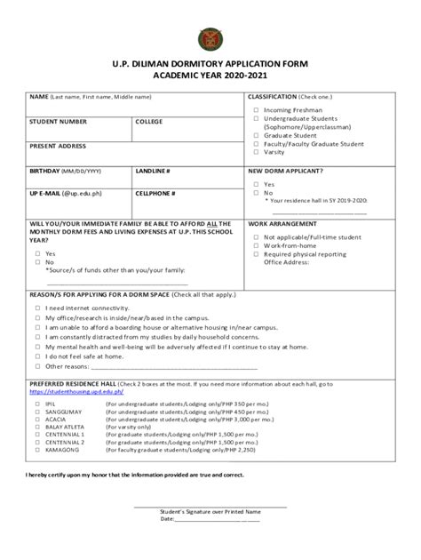 U.P. DILIMAN DORMITORY APPLICATION FORM ACADEMIC .